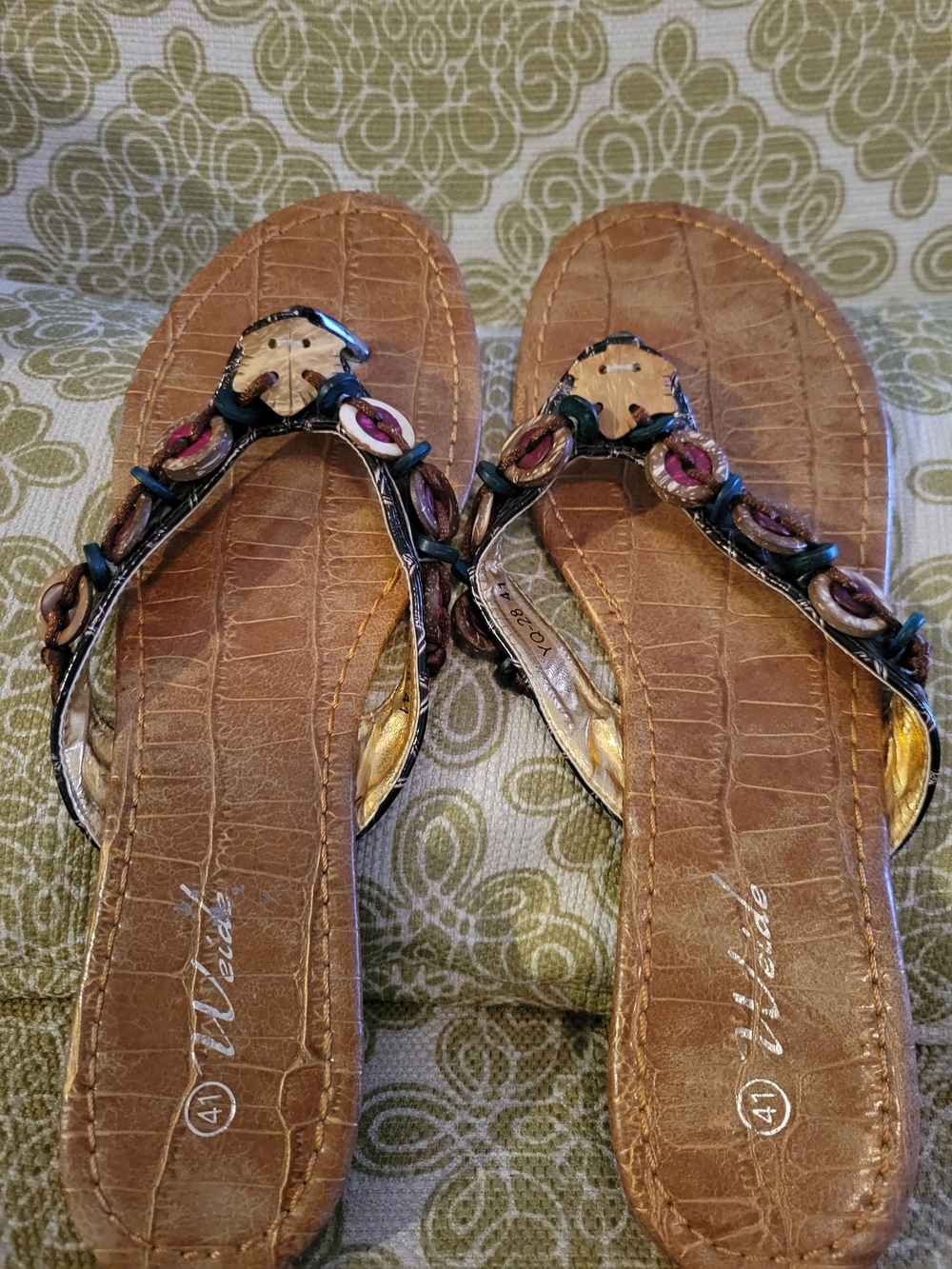 Women's Brown Embossed Leather T-Strap Sandals with Colorful Ring Accents